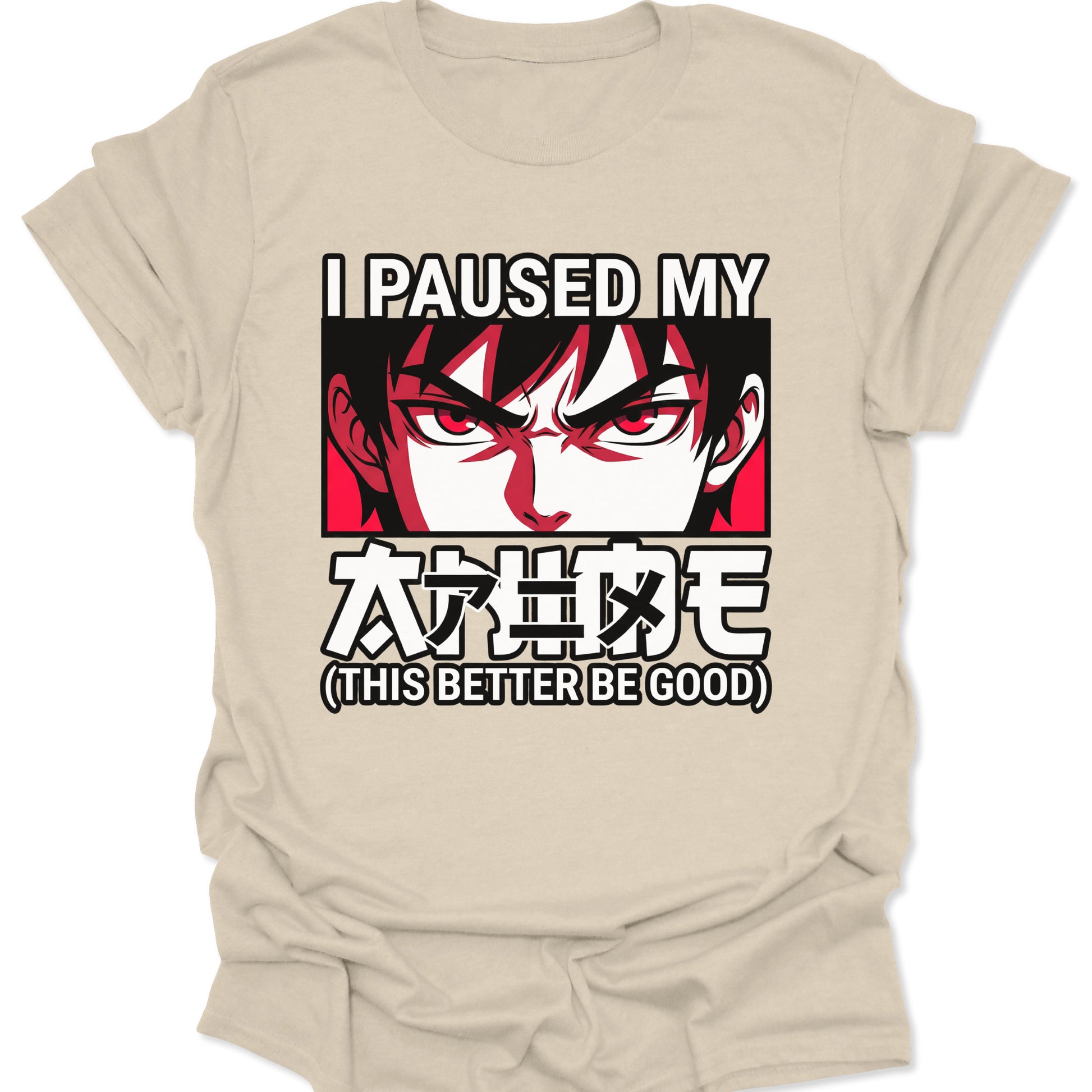 Natural unisex adult t-shirt featuring minimalist red and black anime eyes and Otaku culture graphic.