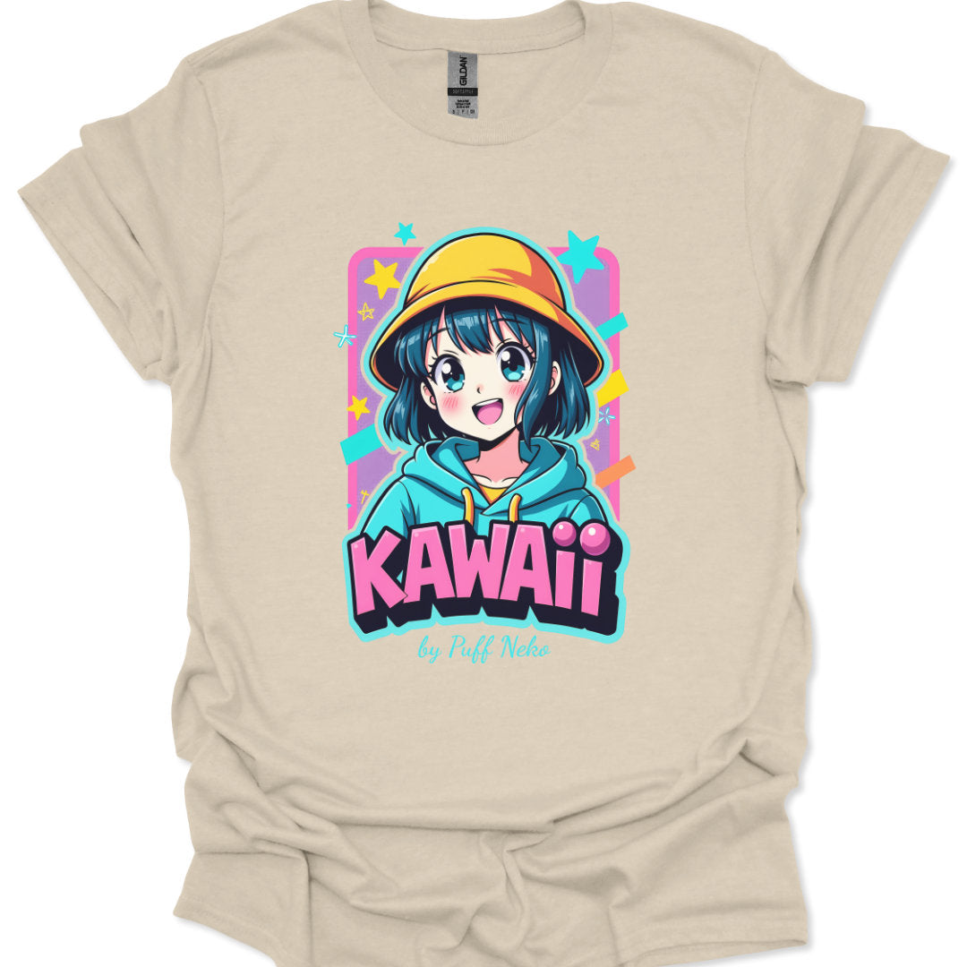 Cute kawaii t-shirt featuring happy anime girl design by Puff Neko