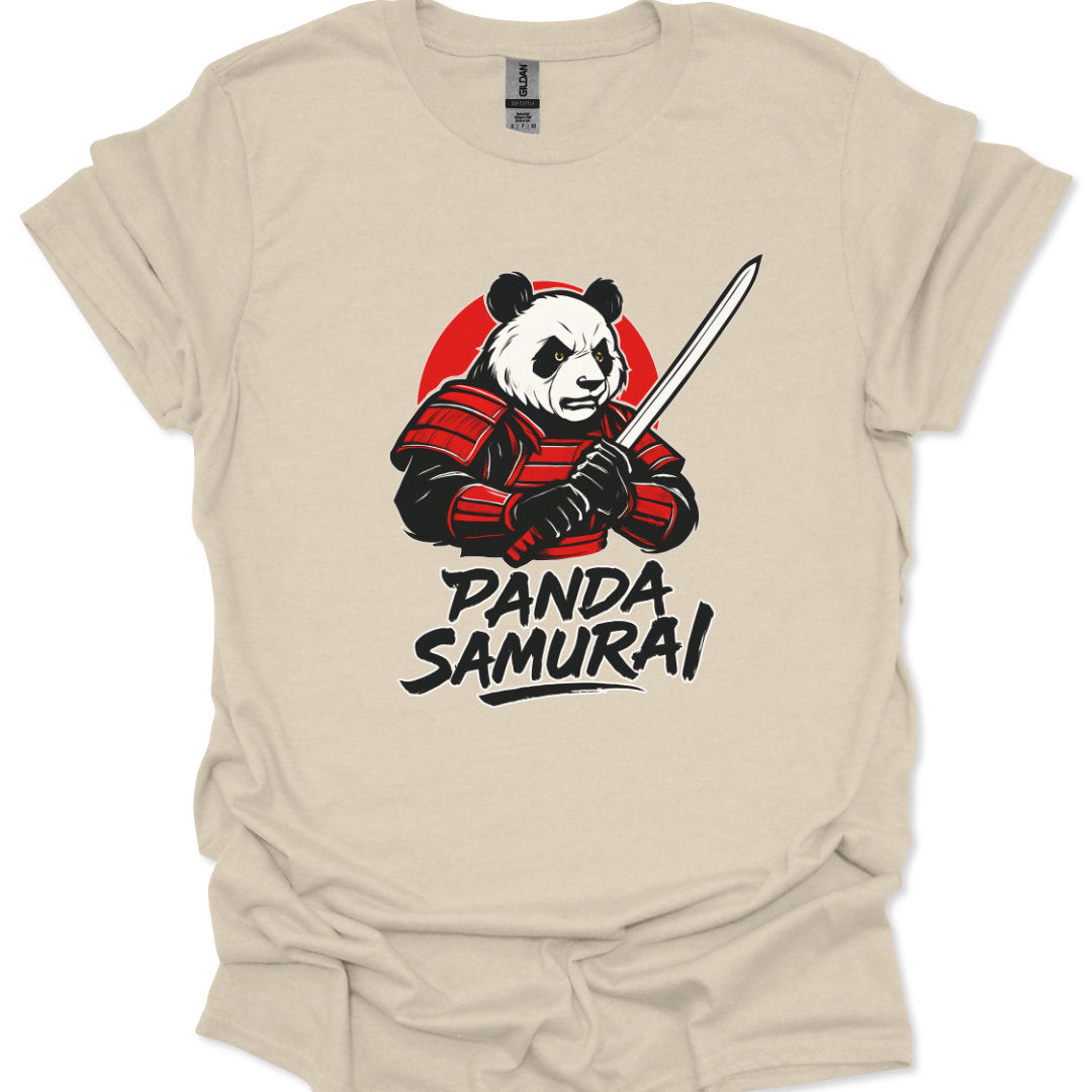 Beige t-shirt with a panda holding a sword graphic and 'Panda Samurai' text on a white background