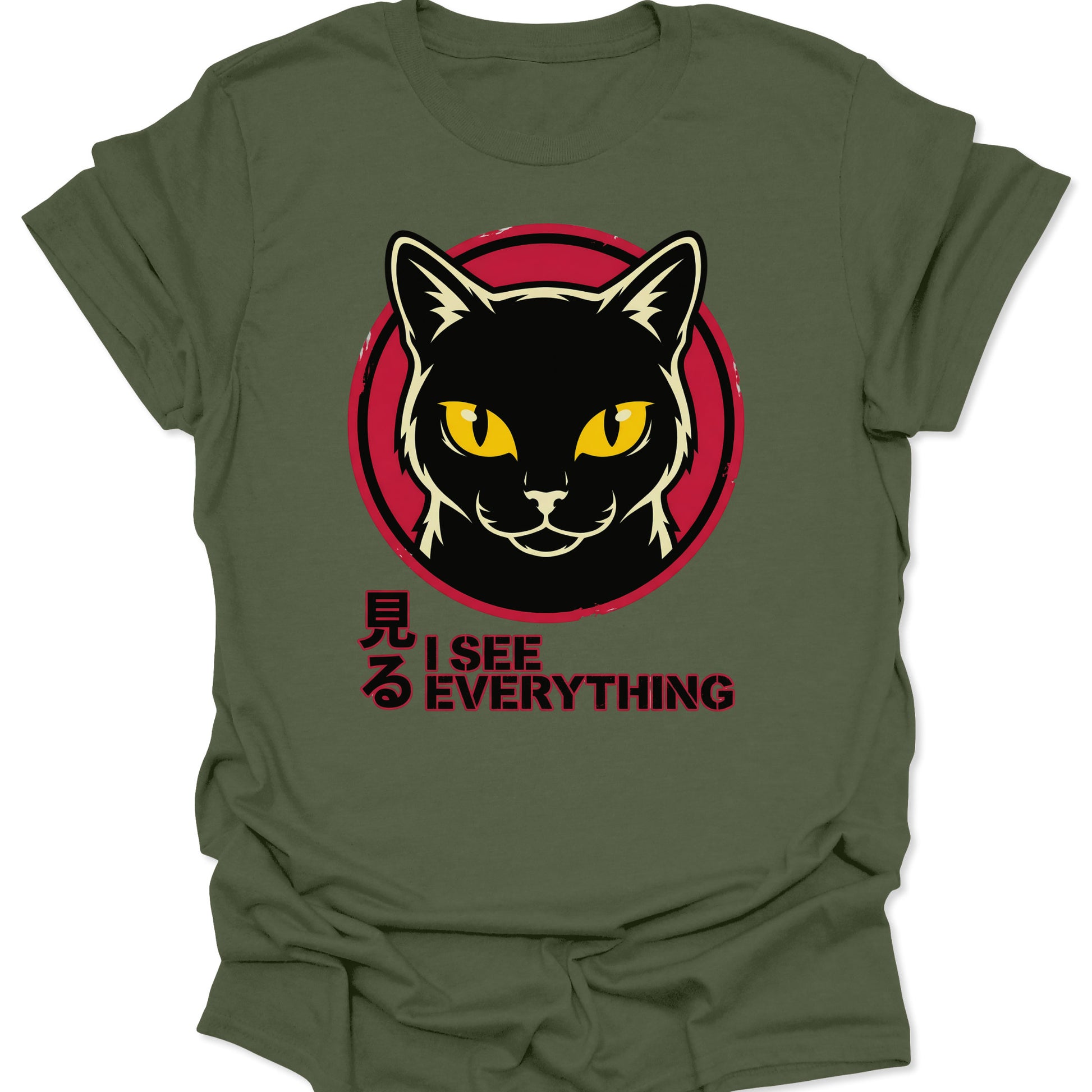 Military Green unisex adult t-shirt featuring a minimalist black cat and Japanese kanji streetwear art.