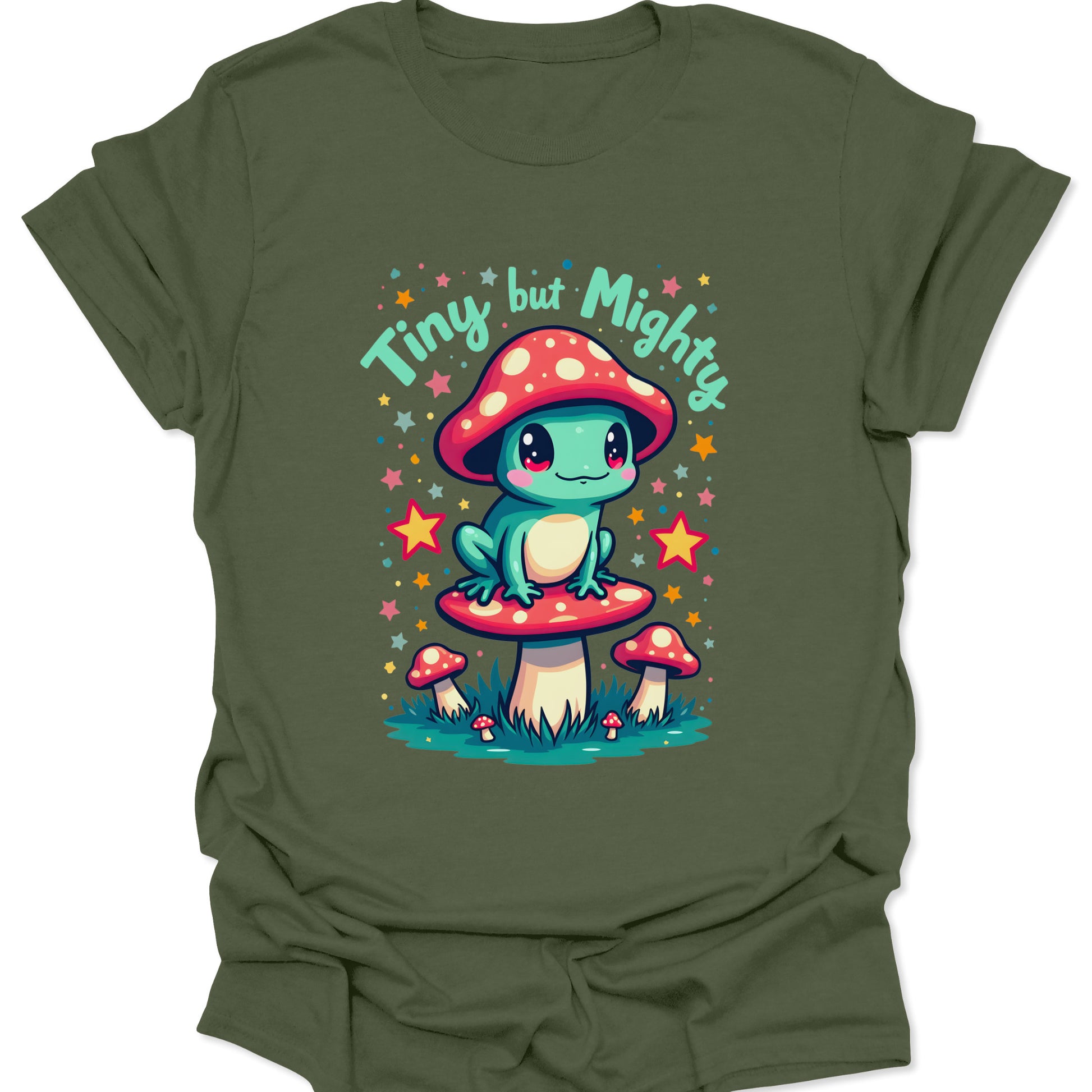 Military Green lightweight cotton shirt featuring a whimsical frog and toadstool design in an earthy forest-core aesthetic, isolated on an olive green background.
