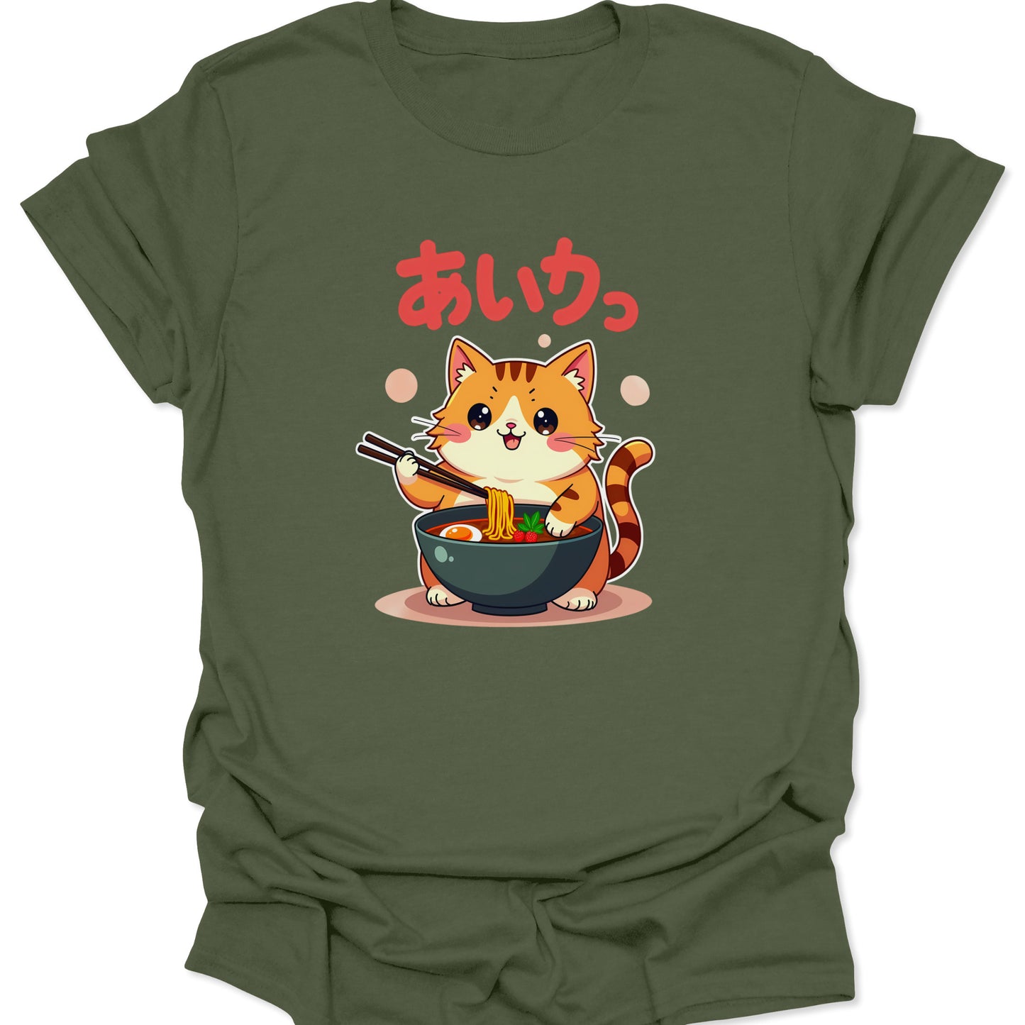 Military Green soft cotton t-shirt showcasing a Chibi cat slurping noodles, vintage Japanese food art style, isolated.