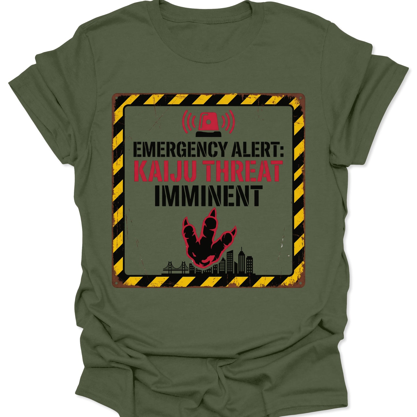 Military Green unisex adult t-shirt featuring a Vintage Distressed Kaiju T-Shirt graphic with a monster footprint.