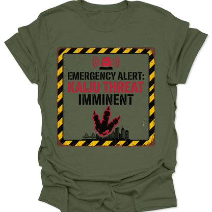 Military Green unisex adult t-shirt featuring a Vintage Distressed Kaiju T-Shirt graphic with a monster footprint.