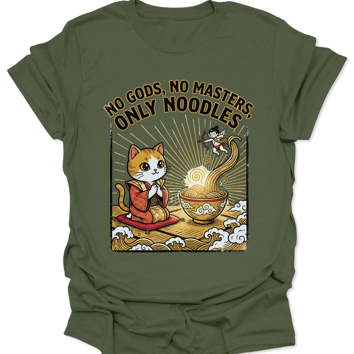 Military Green unisex adult t-shirt featuring vintage Japanese art of a cat worshipping food amidst ocean waves.