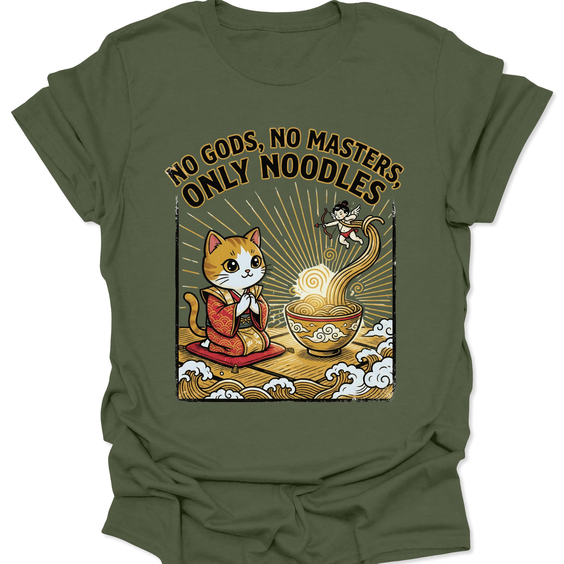 Military Green unisex adult t-shirt featuring vintage Japanese art of a cat worshipping food amidst ocean waves.