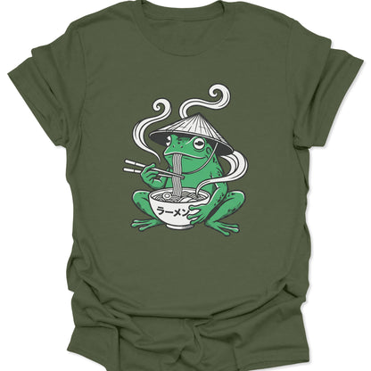 Military Green unisex adult t-shirt featuring a Japanese-style frog graphic eating noodles with traditional ukiyo-e art vibes.
