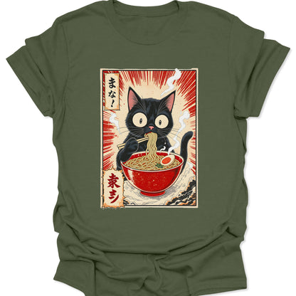 Military Green olive cotton shirt featuring a black cat eating ramen with "Slurp Mode" text in 90s retro anime style, isolated on a white studio background.
