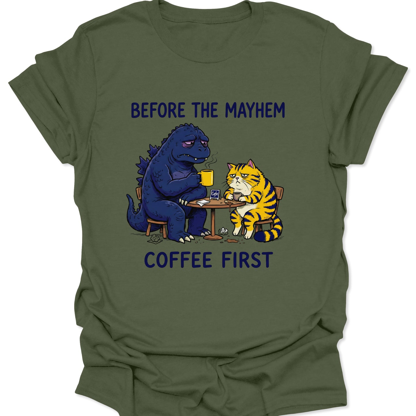 Military Green unisex adult t-shirt depicting a funny scene of a monster and kitty at a cafe table before chaos.