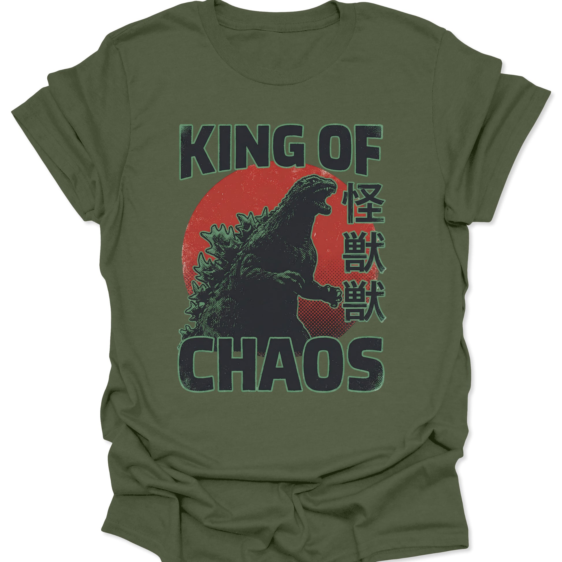 Military green t-shirt with a vintage Kaiju design, distressed green monster silhouette, and bold red sun background.