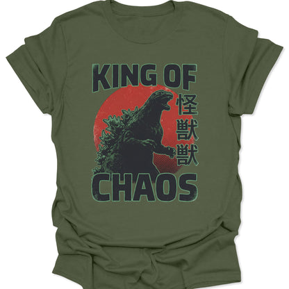 Military green t-shirt with a vintage Kaiju design, distressed green monster silhouette, and bold red sun background.
