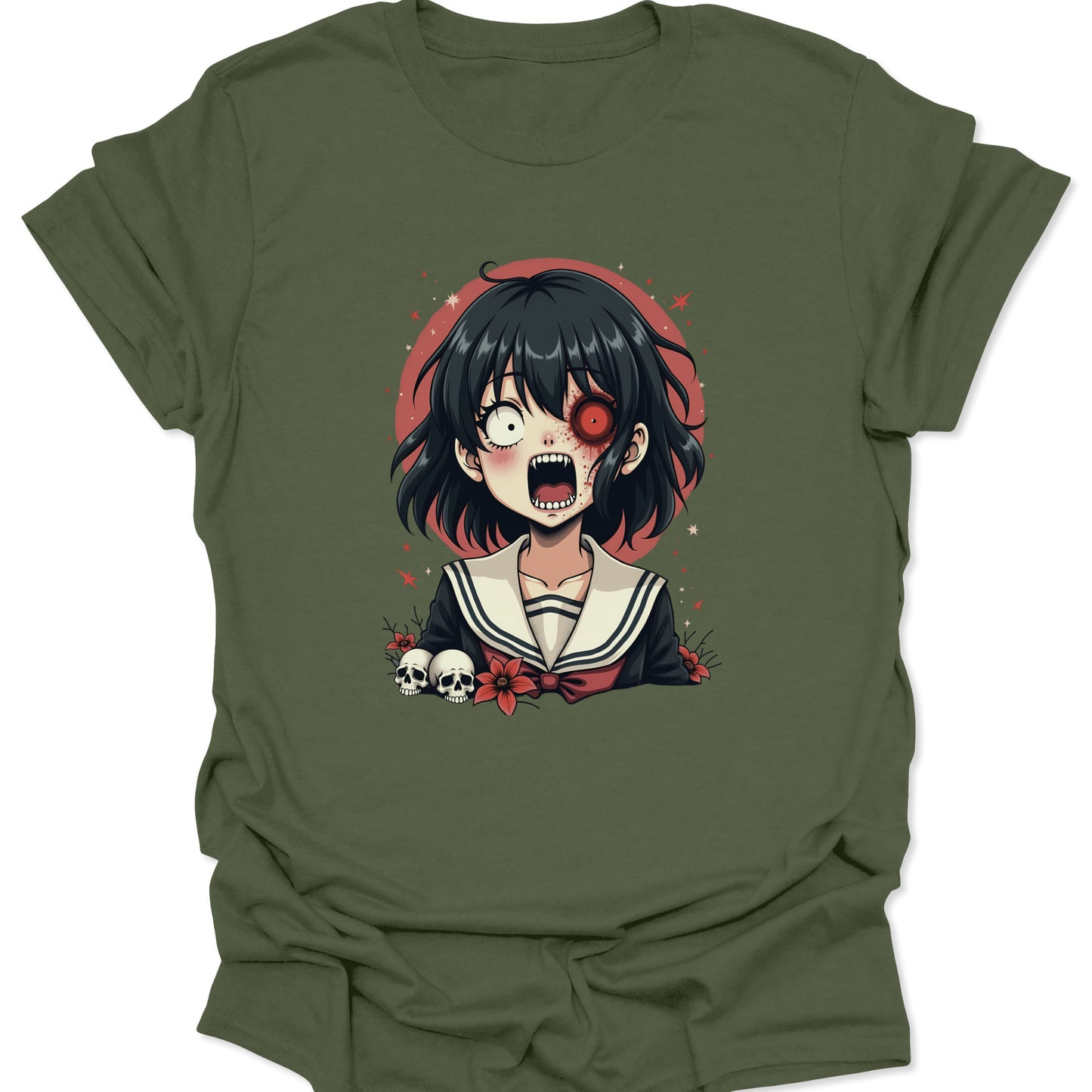 Military Green lightweight shirt featuring a Creepy Cute schoolgirl illustration in Yami Kawaii aesthetic style, isolated on a neutral background.