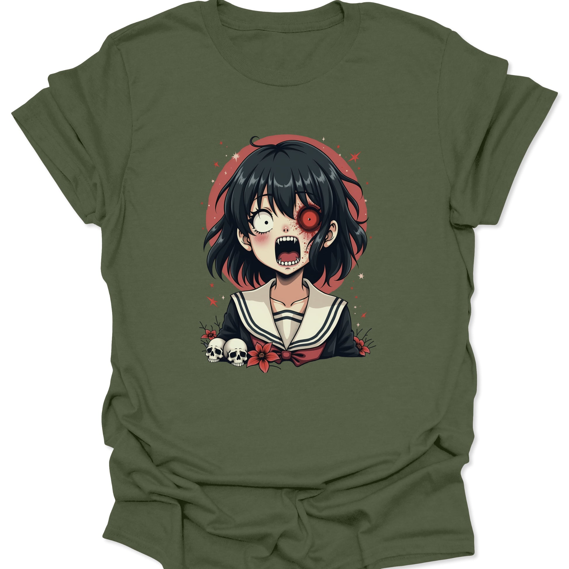 Military Green lightweight shirt featuring a Creepy Cute schoolgirl illustration in Yami Kawaii aesthetic style, isolated on a neutral background.