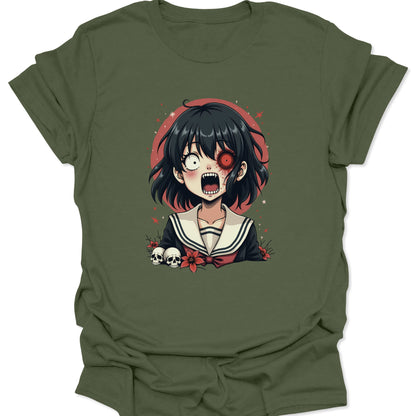 Military Green lightweight shirt featuring a Creepy Cute schoolgirl illustration in Yami Kawaii aesthetic style, isolated on a neutral background.