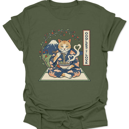 Military Green unisex adult t-shirt featuring a retro Japanese aesthetic design of a cat with heart steam ramen and Fuji view.
