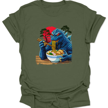 Military Green lightweight t-shirt with a retro monster ramen graphic in a vintage Ukiyo-e aesthetic, isolated on a neutral background.