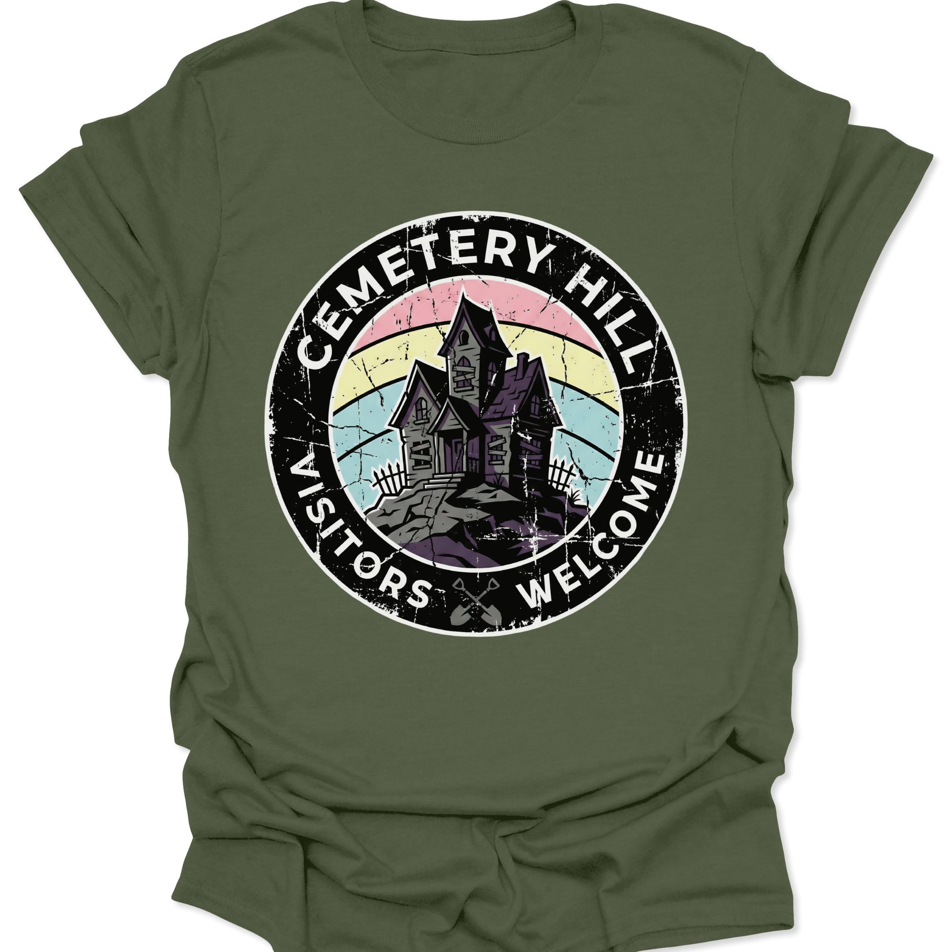 Military Green unisex adult t-shirt with a creepy cute cemetery badge design, wrought iron fences, and grunge texture.