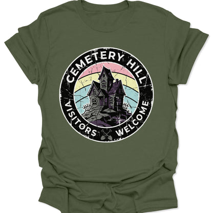 Military Green unisex adult t-shirt with a creepy cute cemetery badge design, wrought iron fences, and grunge texture.