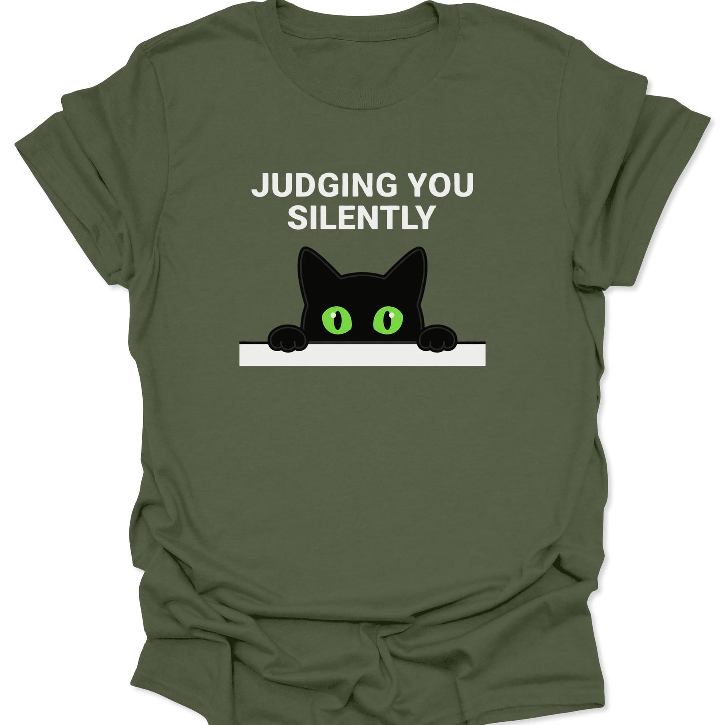 Military Green unisex adult t-shirt featuring a peeking black cat with green eyes and Judging You Silently text.