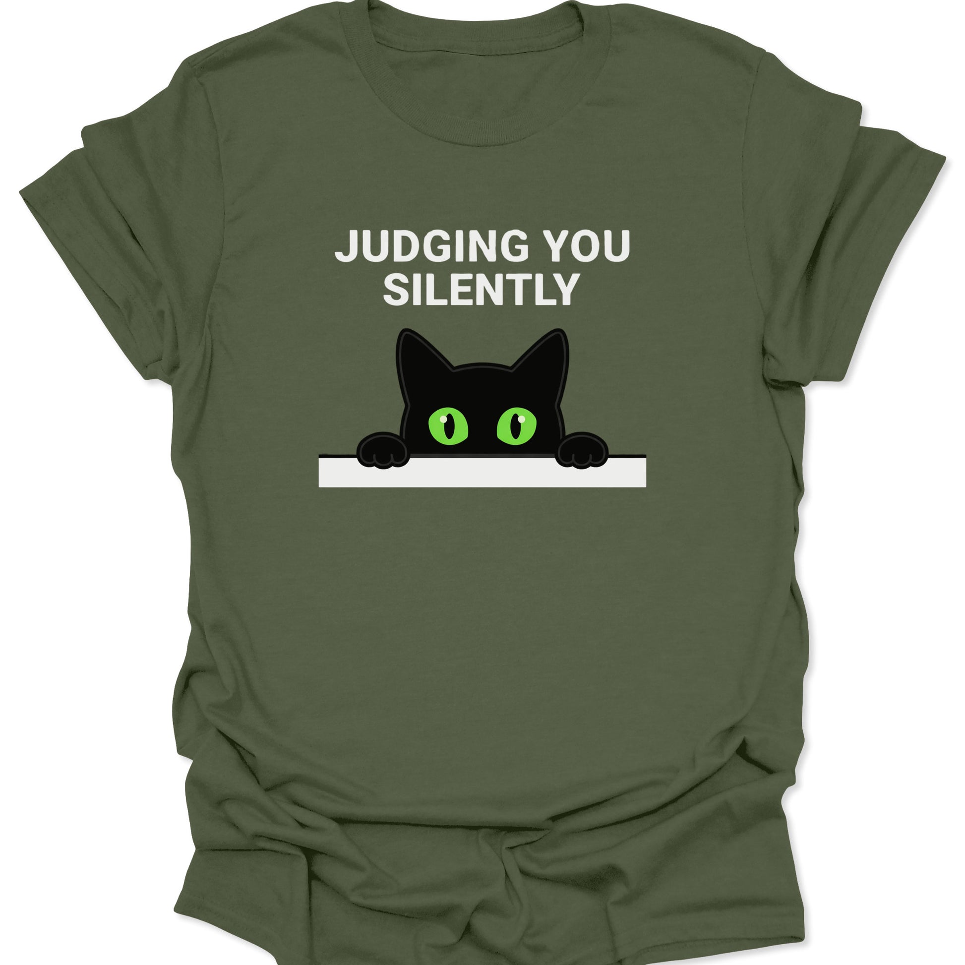 Military Green unisex adult t-shirt featuring a peeking black cat with green eyes and Judging You Silently text.