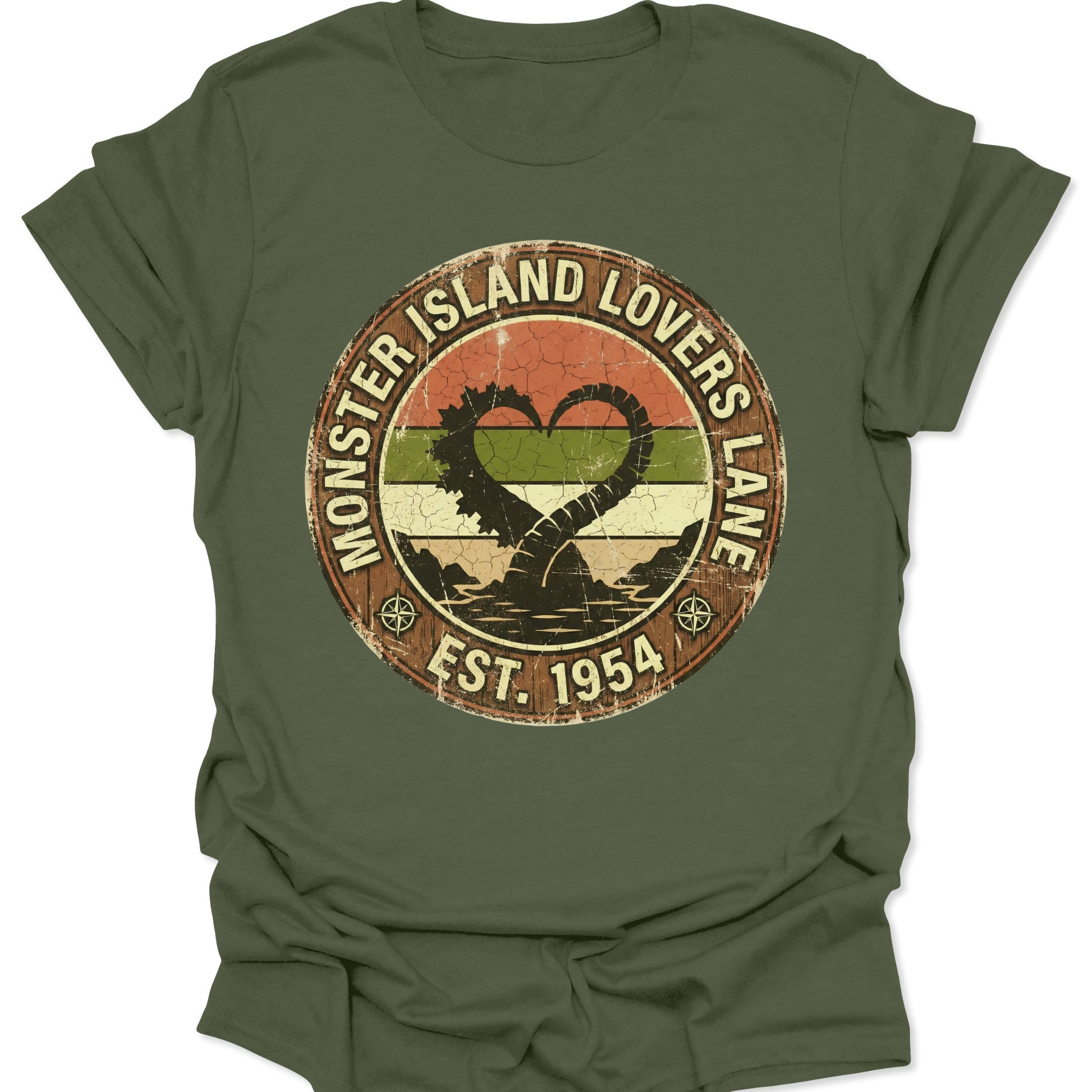 Military Green unisex adult t-shirt featuring lovers lane monster tail heart graphic in retro sunset colors.