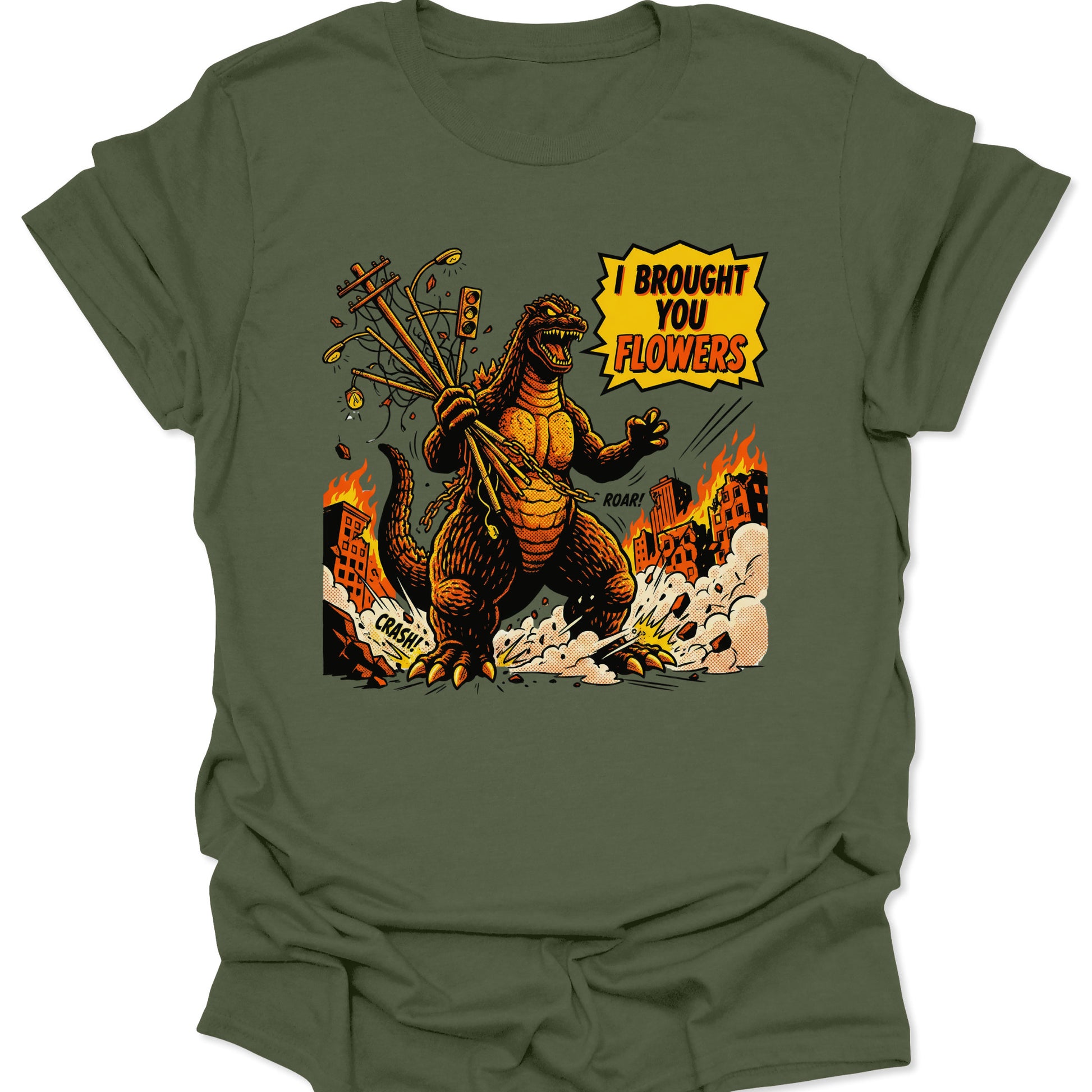 Military Green unisex adult t-shirt featuring a humorous romantic kaiju design perfect for valentines day gifts.