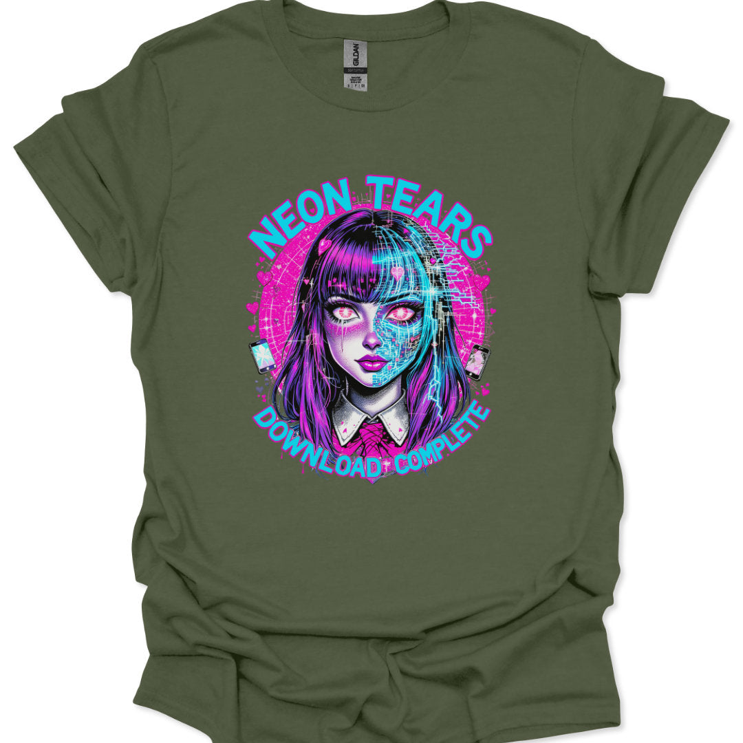 Green t-shirt with a graphic design of a woman's face and 'Neon Tears' text on a white background