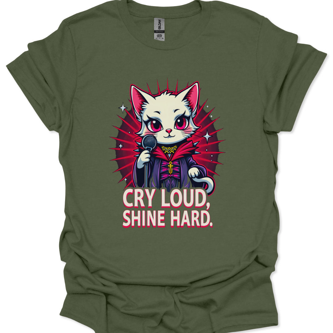 chibi cat singer in cape with gothic accents and radiant backdrop