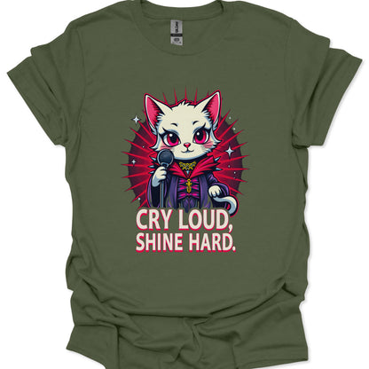 chibi cat singer in cape with gothic accents and radiant backdrop