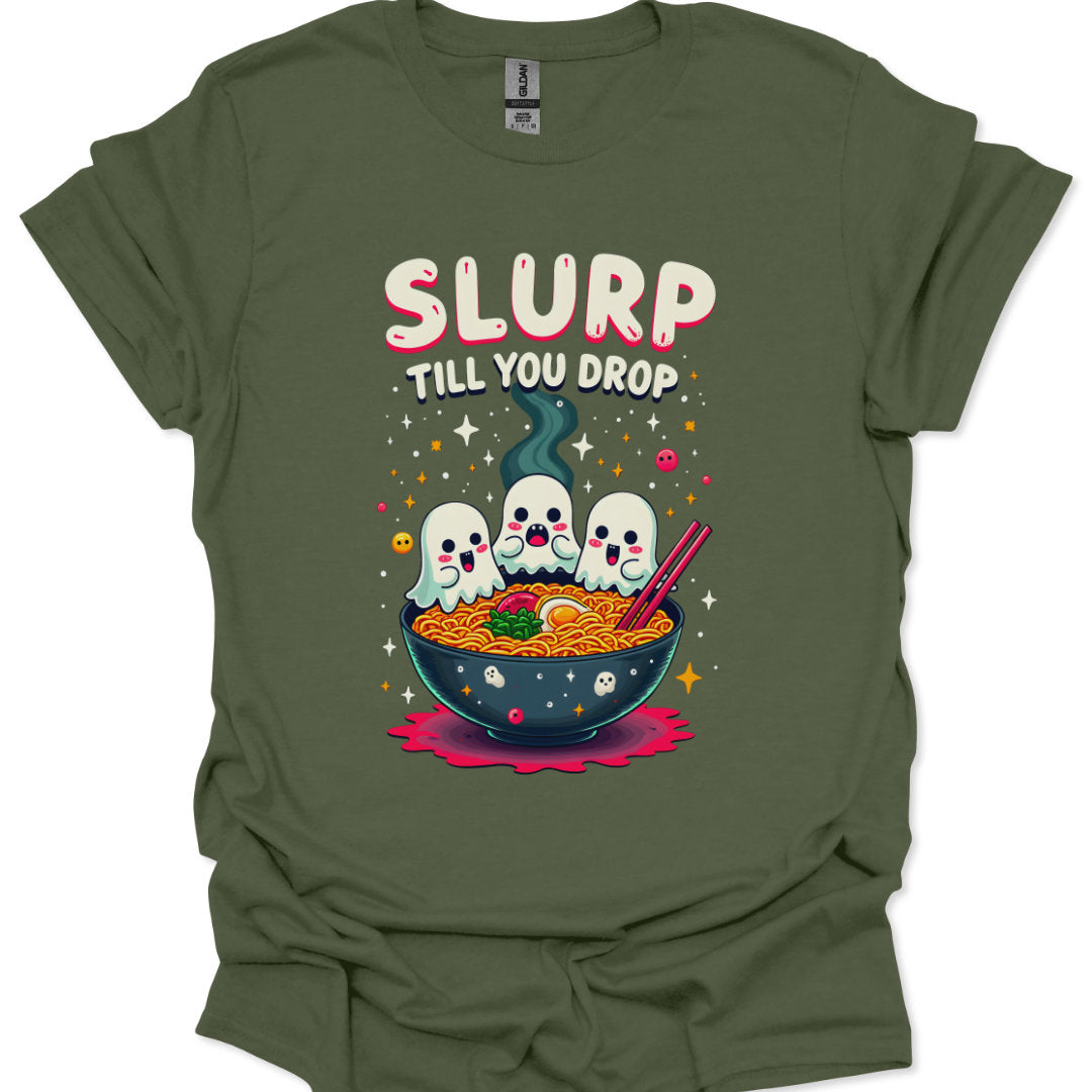 Green t-shirt with a bowl of ramen and ghosts graphic and 'SLURP TILL YOU DROP' text.