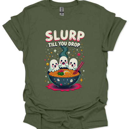 Green t-shirt with a bowl of ramen and ghosts graphic and 'SLURP TILL YOU DROP' text.