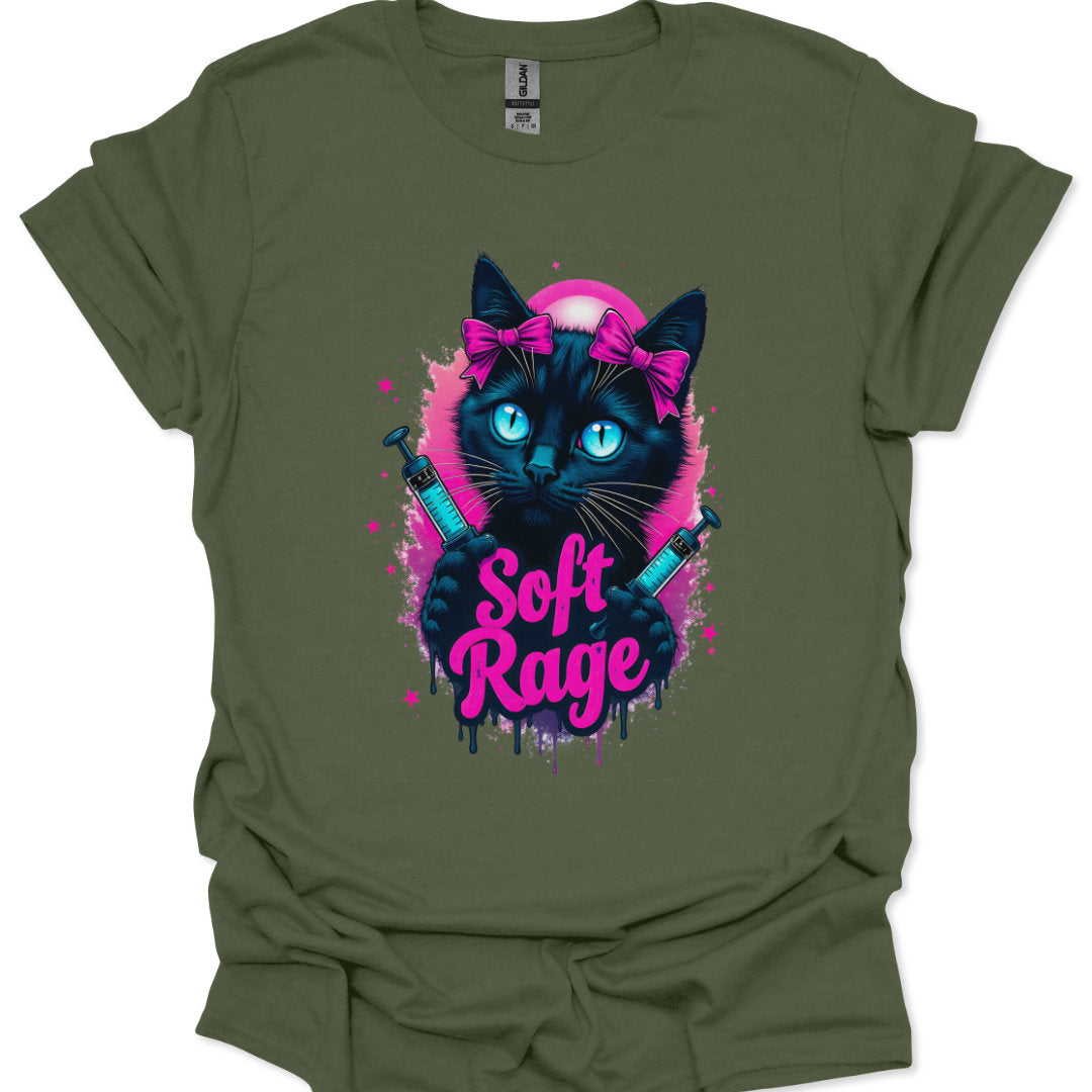 Green t-shirt with a black cat graphic and 'Soft Rage' text on a white background