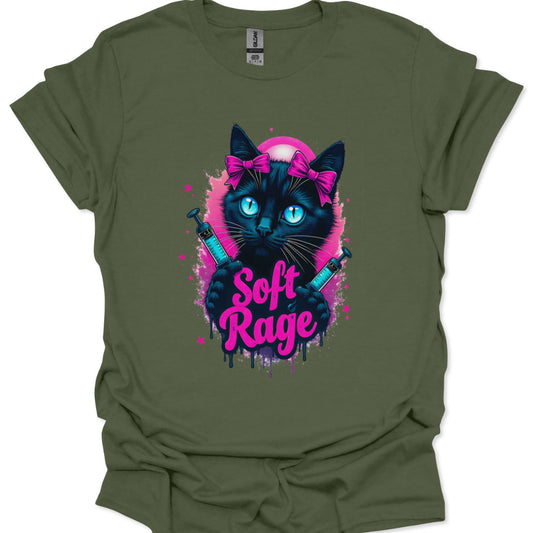 Green t-shirt with a black cat graphic and 'Soft Rage' text on a white background