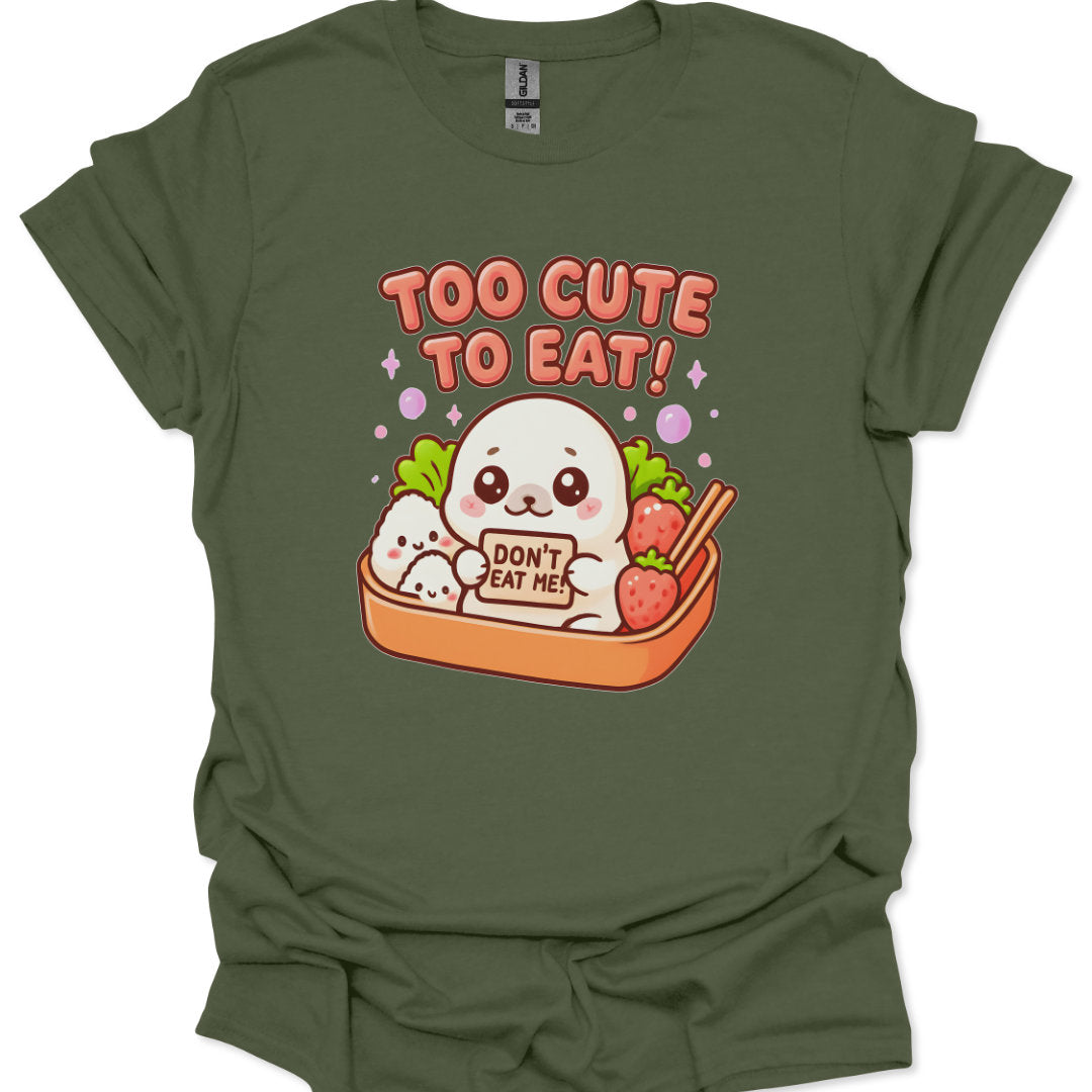 Green t-shirt with a cartoon ghost and food items on a white background