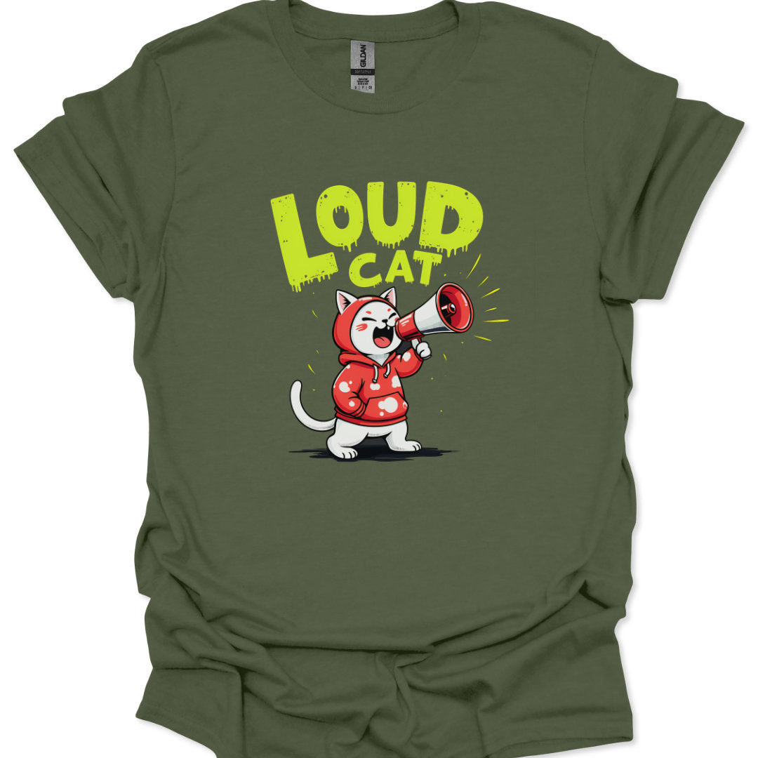 Green t-shirt with a cartoon cat in a red raincoat holding a megaphone and the text 'LOUD CAT' on a white background.