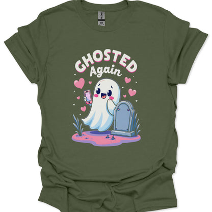 Green t-shirt with a cartoon ghost and 'Ghosted Again' text on a white background