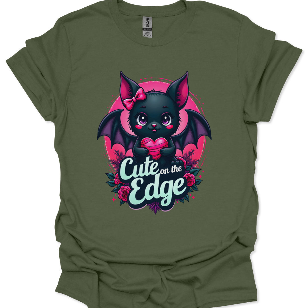 Green t-shirt with a cute bat design and 'Cute on the Edge' text on a white background