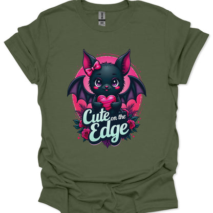 Green t-shirt with a cute bat design and 'Cute on the Edge' text on a white background