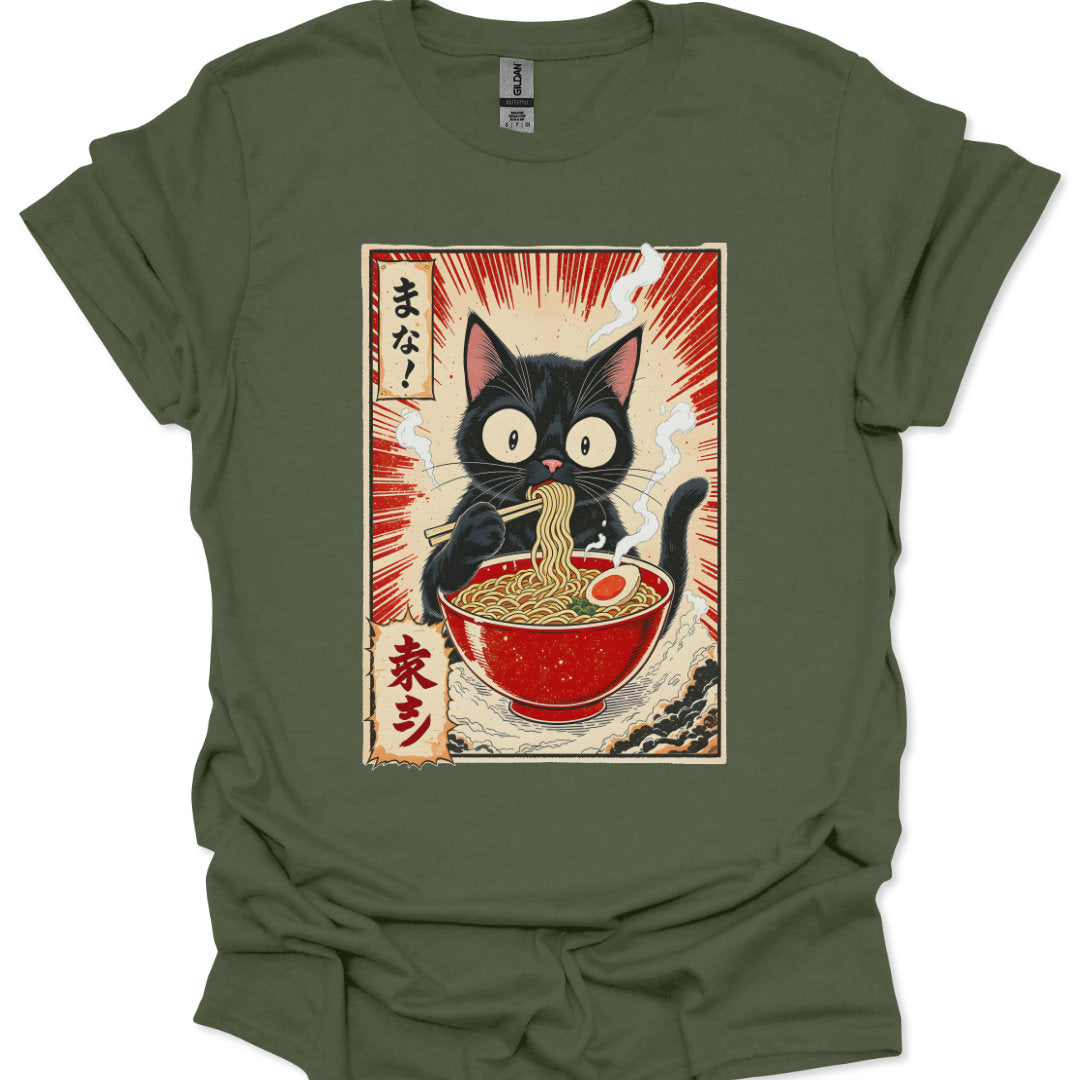 Green t-shirt with a black cat eating ramen design on a white background