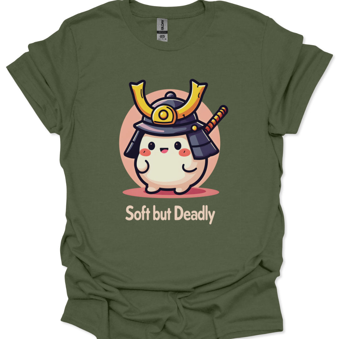 Green t-shirt with a cartoon character in a samurai helmet and 'Soft but Deadly' text on a white background