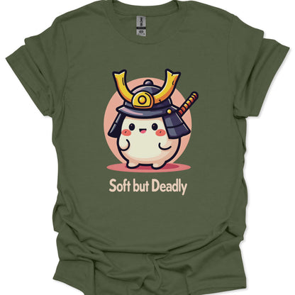 Green t-shirt with a cartoon character in a samurai helmet and 'Soft but Deadly' text on a white background