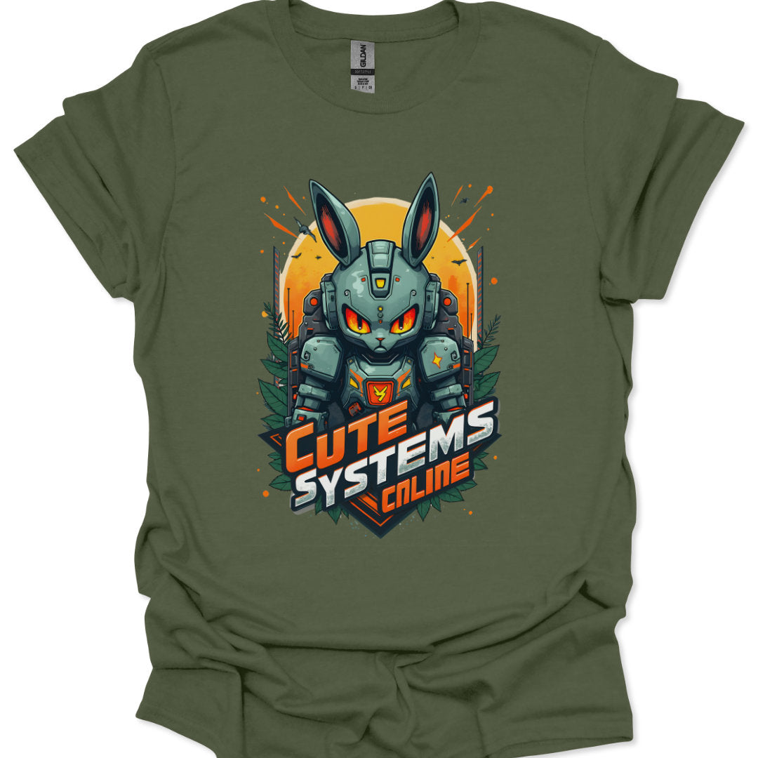 Green t-shirt with a robot bunny design and 'Cute Systems Online' text on a white background