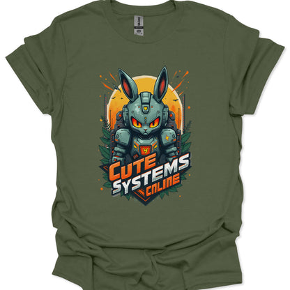 Green t-shirt with a robot bunny design and 'Cute Systems Online' text on a white background