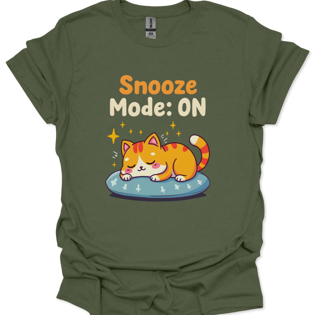 Green t-shirt with a cartoon cat and 'Snooze Mode: ON' text on a white background
