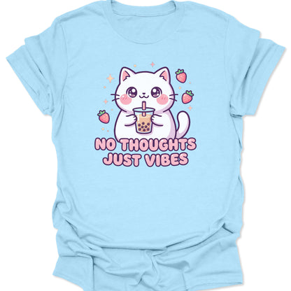Light blue unisex adult t-shirt featuring a cute Harajuku cat enjoying boba tea with a vibrant No Thoughts Just Vibes design.