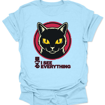 Light Blue unisex adult t-shirt featuring a kawaii yet edgy black cat staring from a red circle logo.