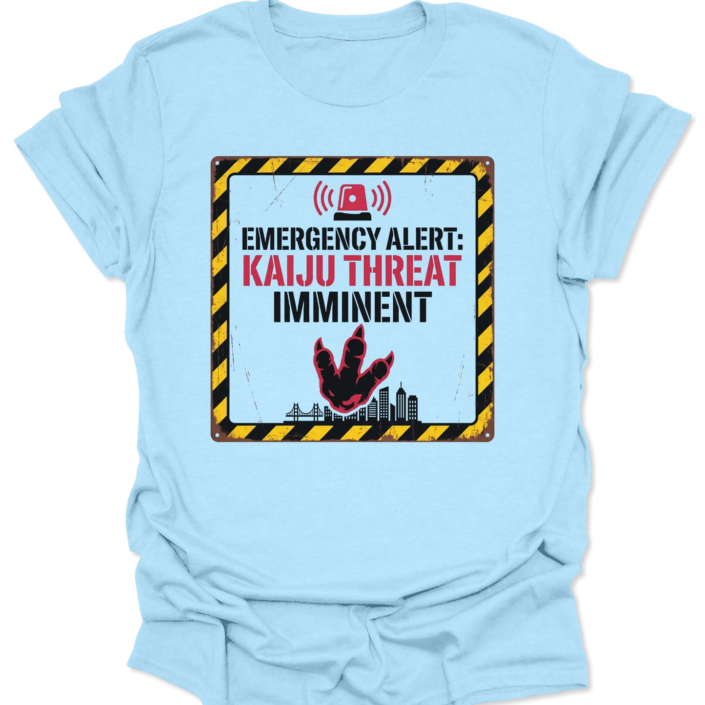 Light blue unisex adult t-shirt featuring an Industrial Aesthetic Kaiju Graphic Shirt design with a red siren icon.