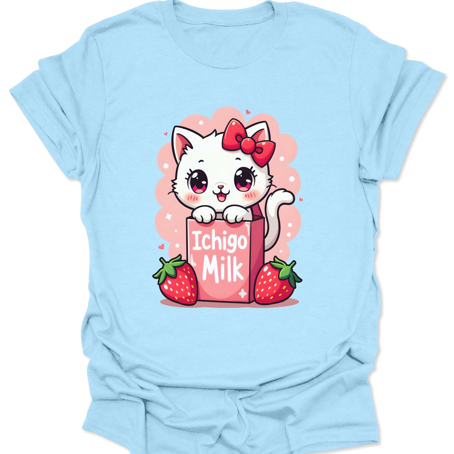 Light Blue ring-spun cotton shirt featuring a literal illustration of a cat inside a strawberry milk carton in 90s retro anime style, isolated on a white background.