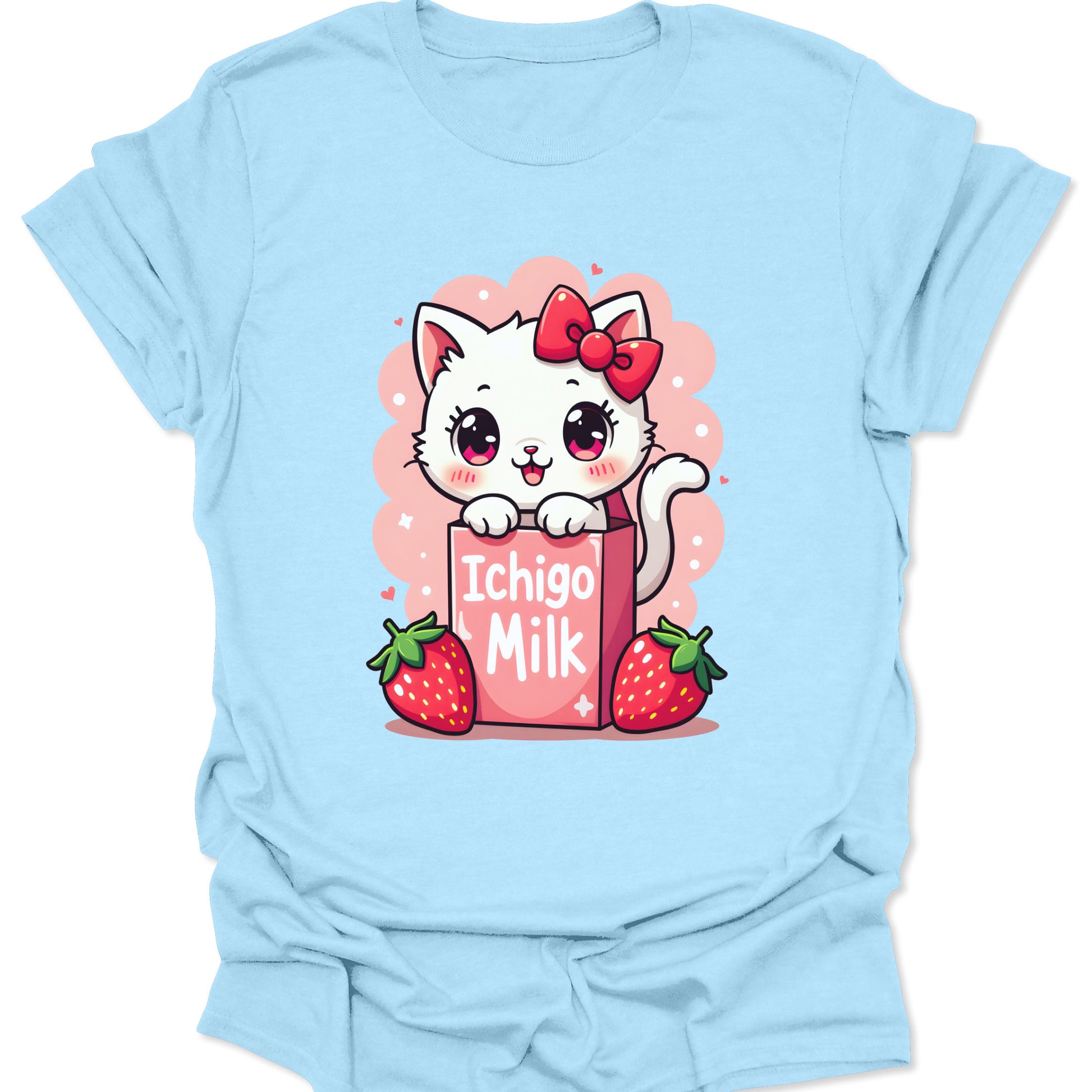 Light Blue ring-spun cotton shirt featuring a literal illustration of a cat inside a strawberry milk carton in 90s retro anime style, isolated on a white background.