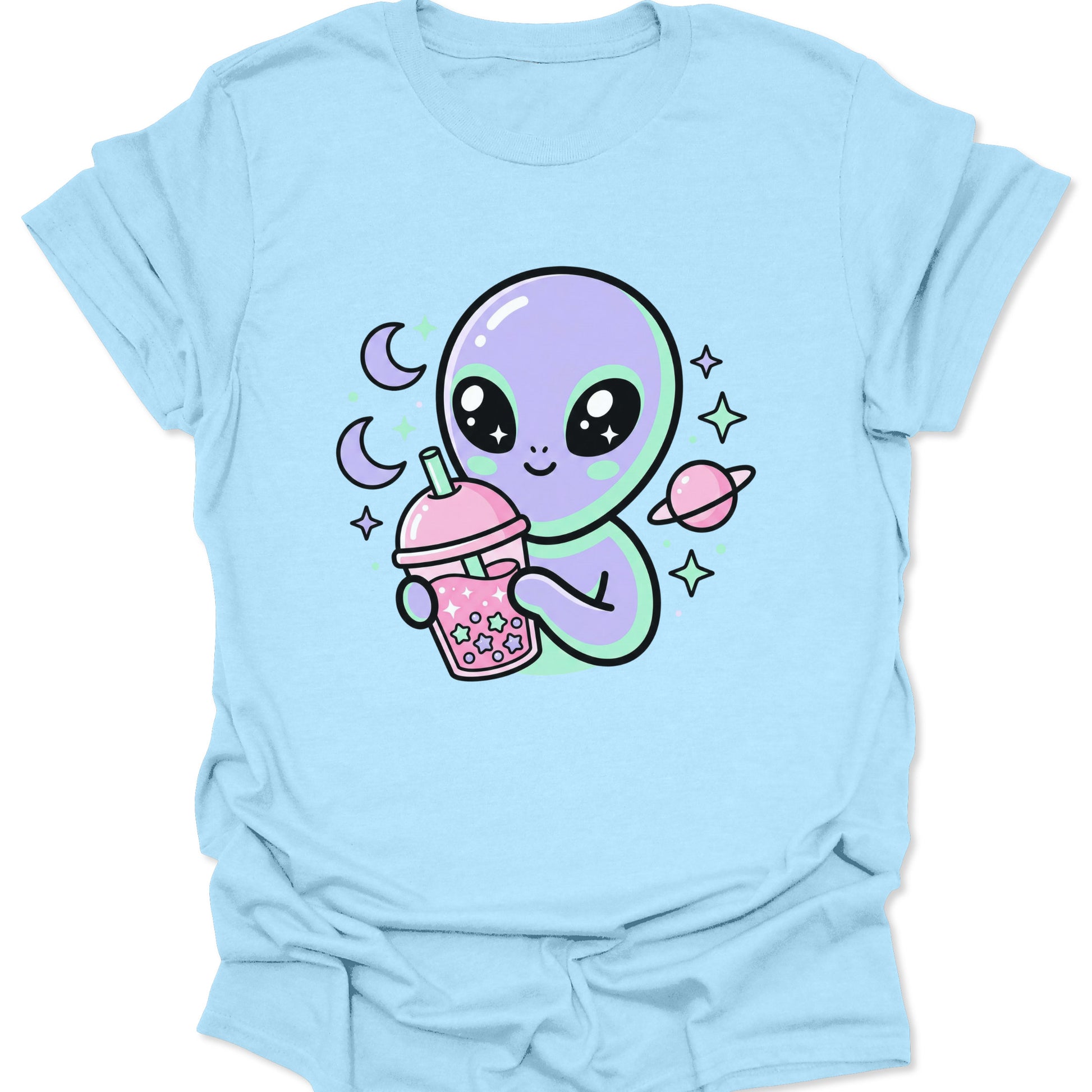 Light blue unisex adult t-shirt featuring a kawaii extraterrestrial character holding a pink boba cup with stars.